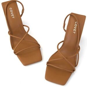 Covet Giselle Tan Block Heels, Square Toe, Tan, 35